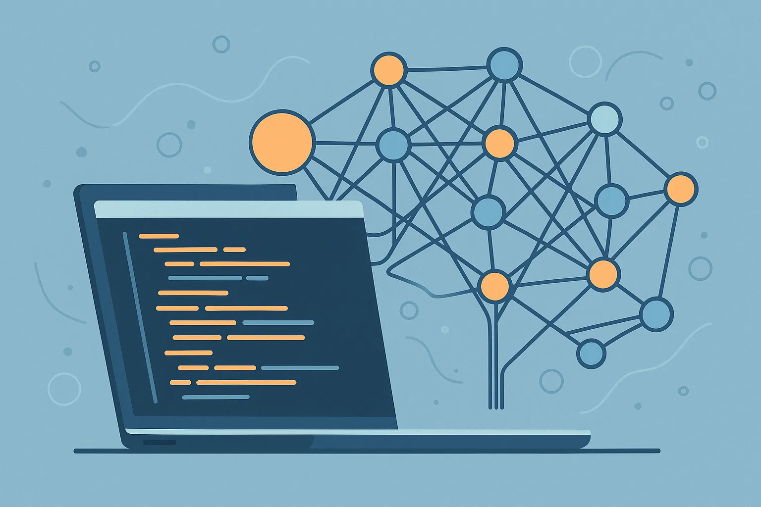 Neural network illustration — nodes and connections emerging from code