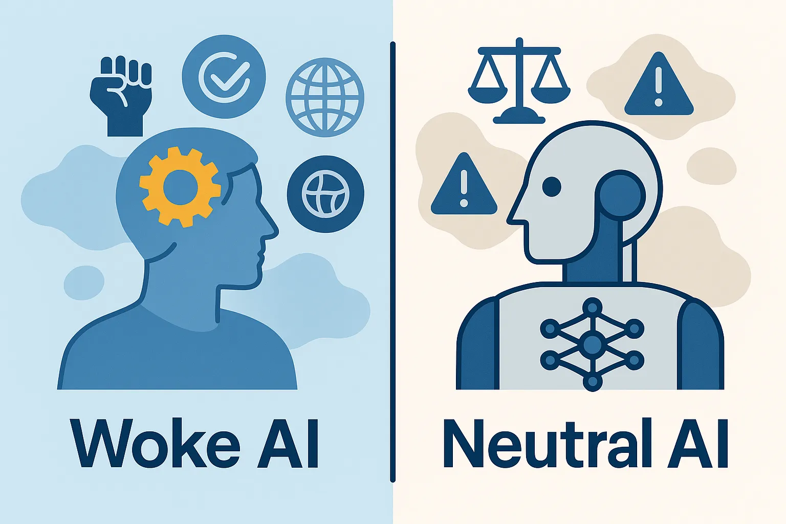 Illustration contrasting approaches to AI neutrality and fairness