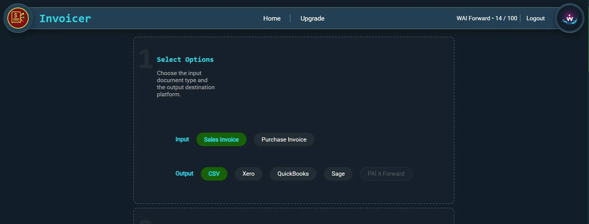 Step 1 - Choose options in WAI Forward Invoicer