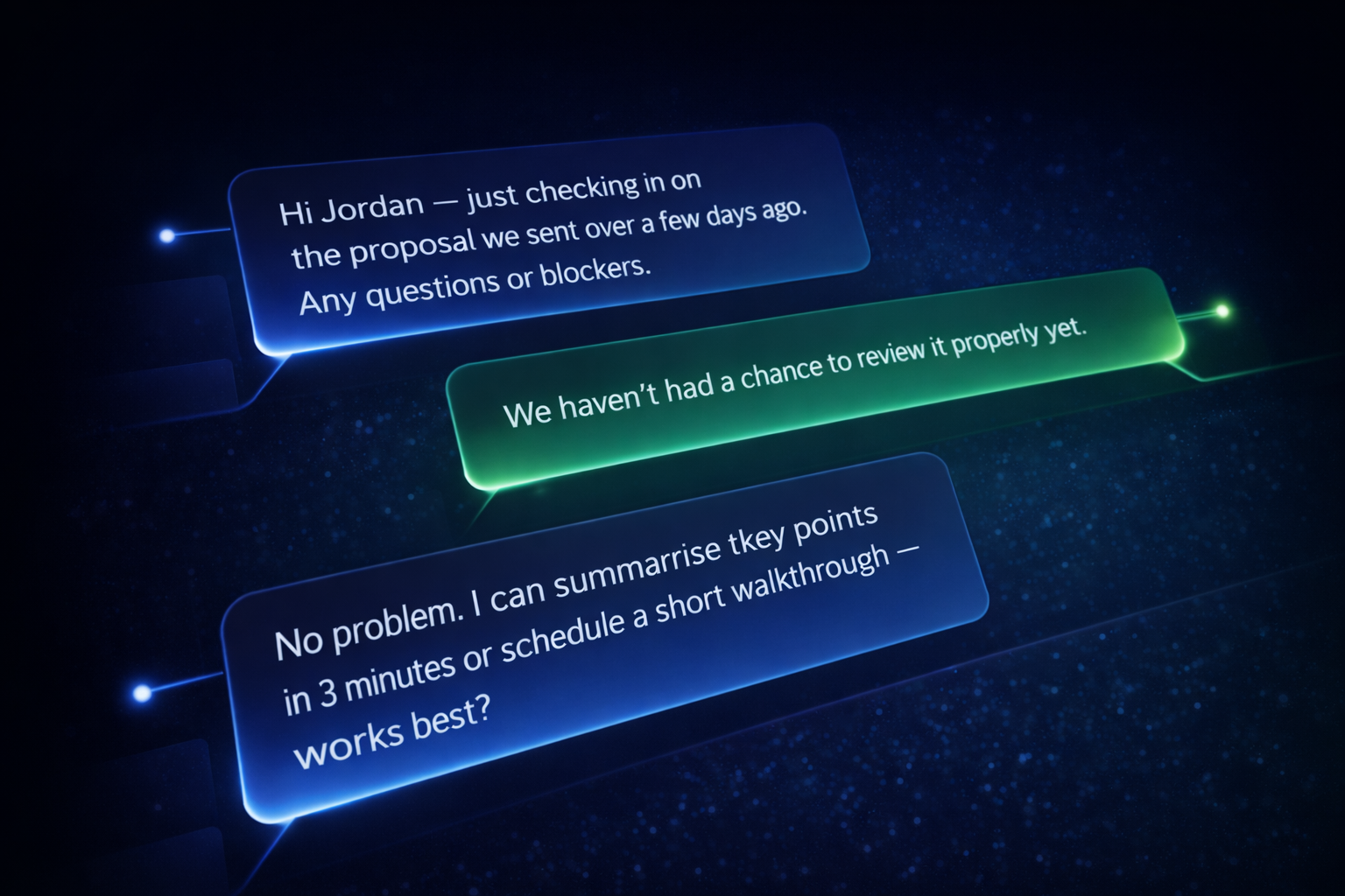 Lead Object conversations / follow-ups: message history, generated next message, and send/approve controls. Placeholder screenshot.