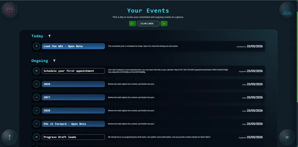 RunWAi Home page showing time-based event activity.