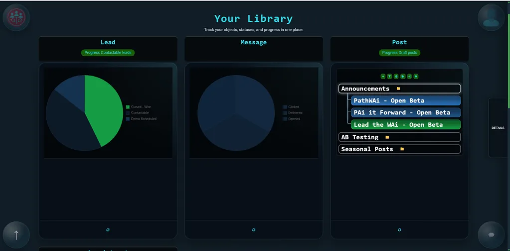 RunWAi Library page showing resource tiles and object creation controls.
