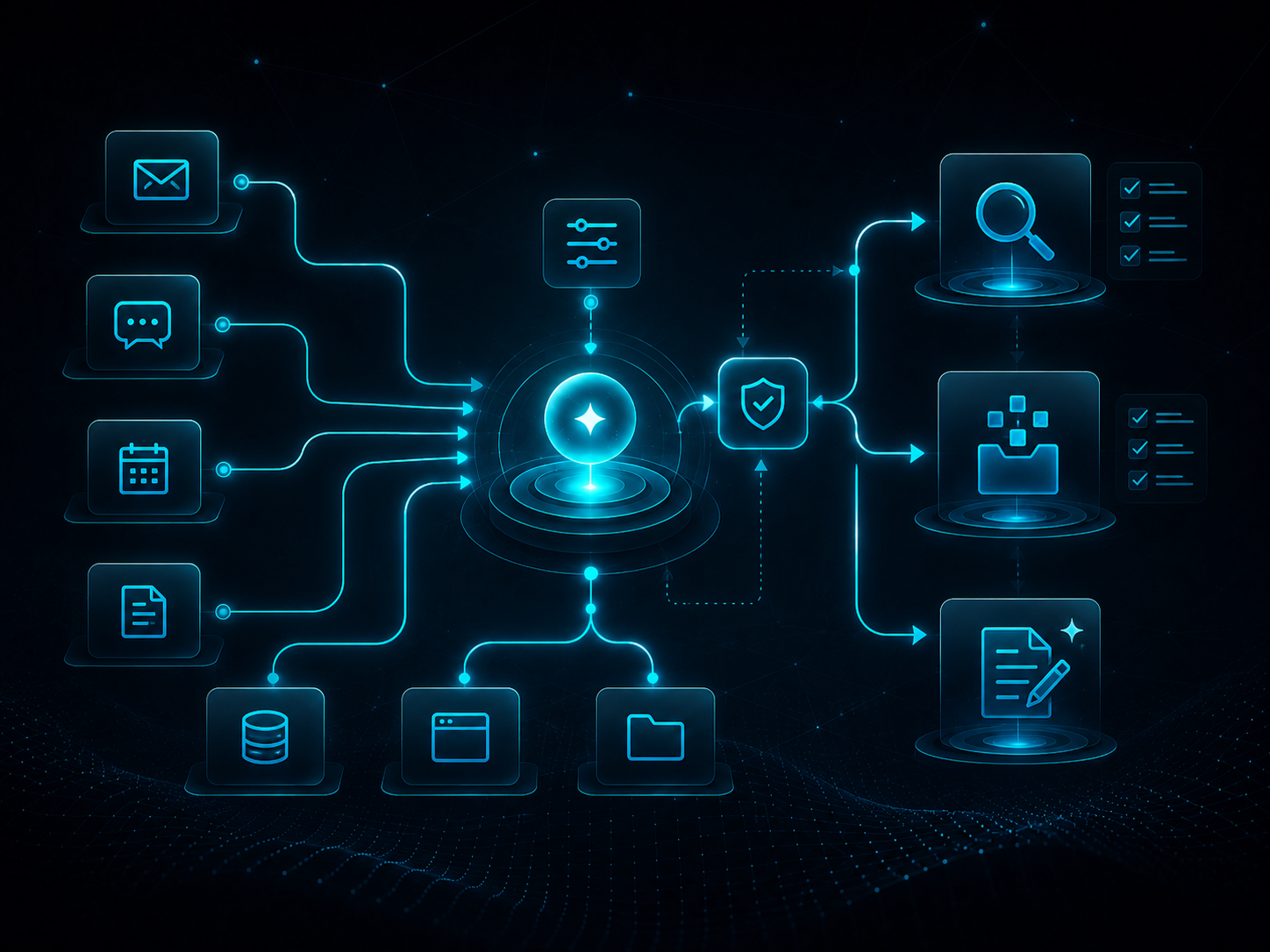 Connected automation flow across tools, review, organisation, creation, approval and automation