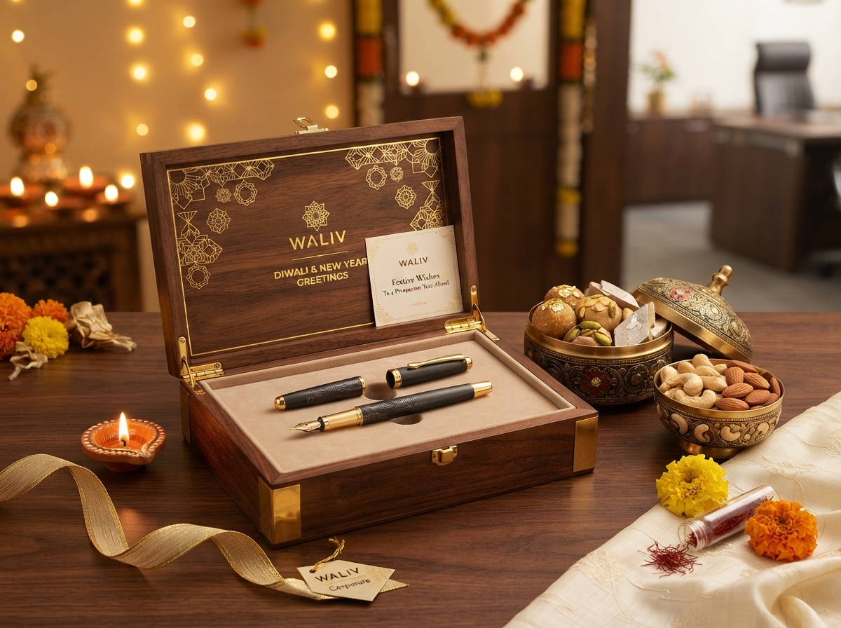 A WALIV Diwali & New Year heritage hamper in a walnut presentation box with marigolds and sweets.