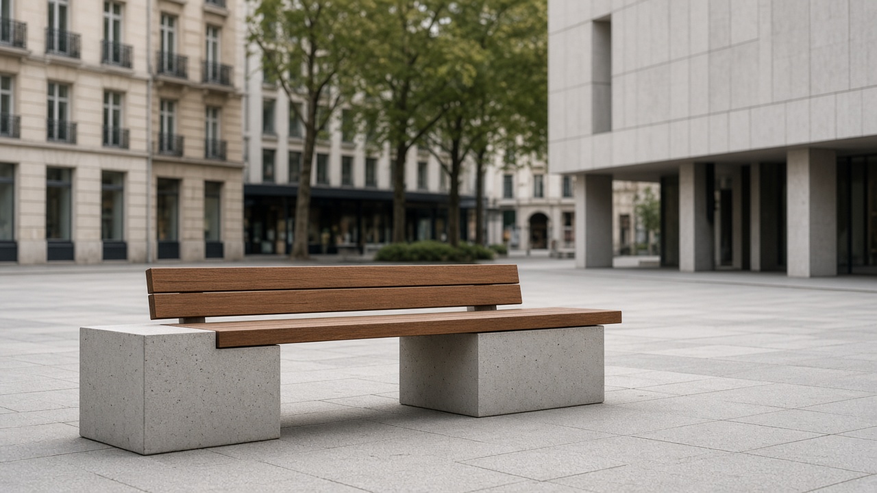 Banc public contemporain sur une place urbaine