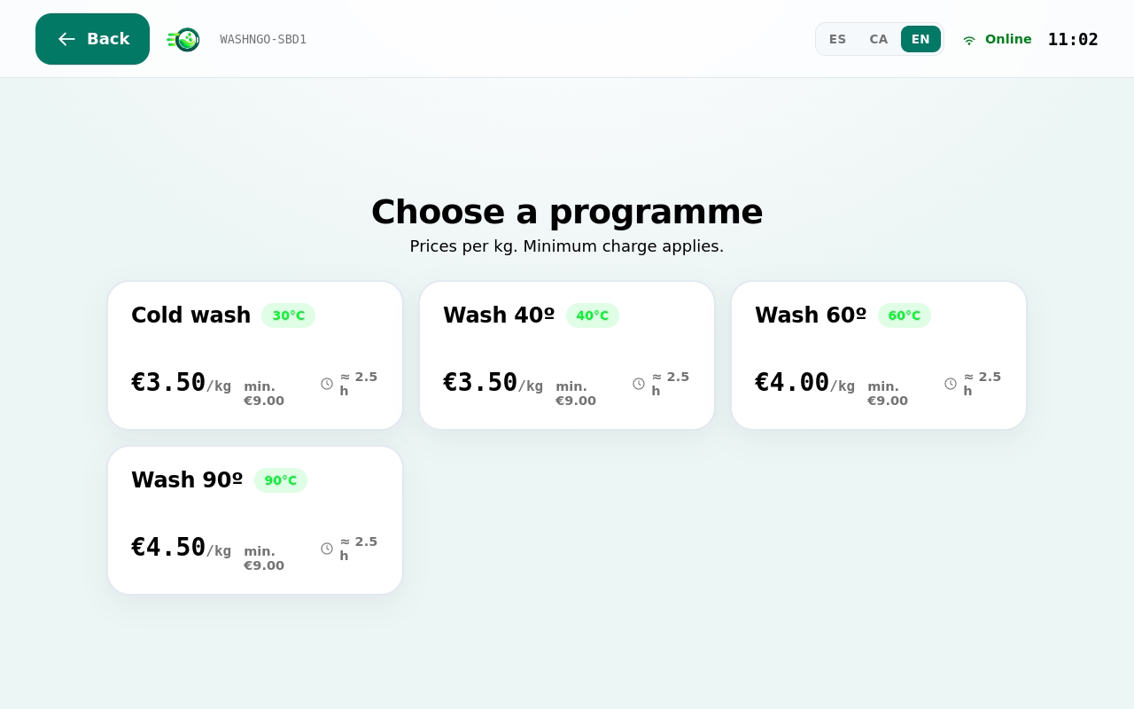 Schermata del chiosco WashMe con selezione del programma di lavaggio