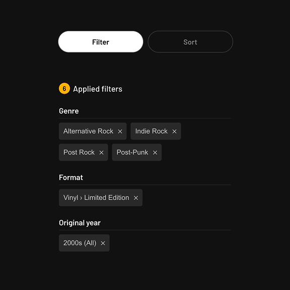 Dynamic, combination filters for music record collection