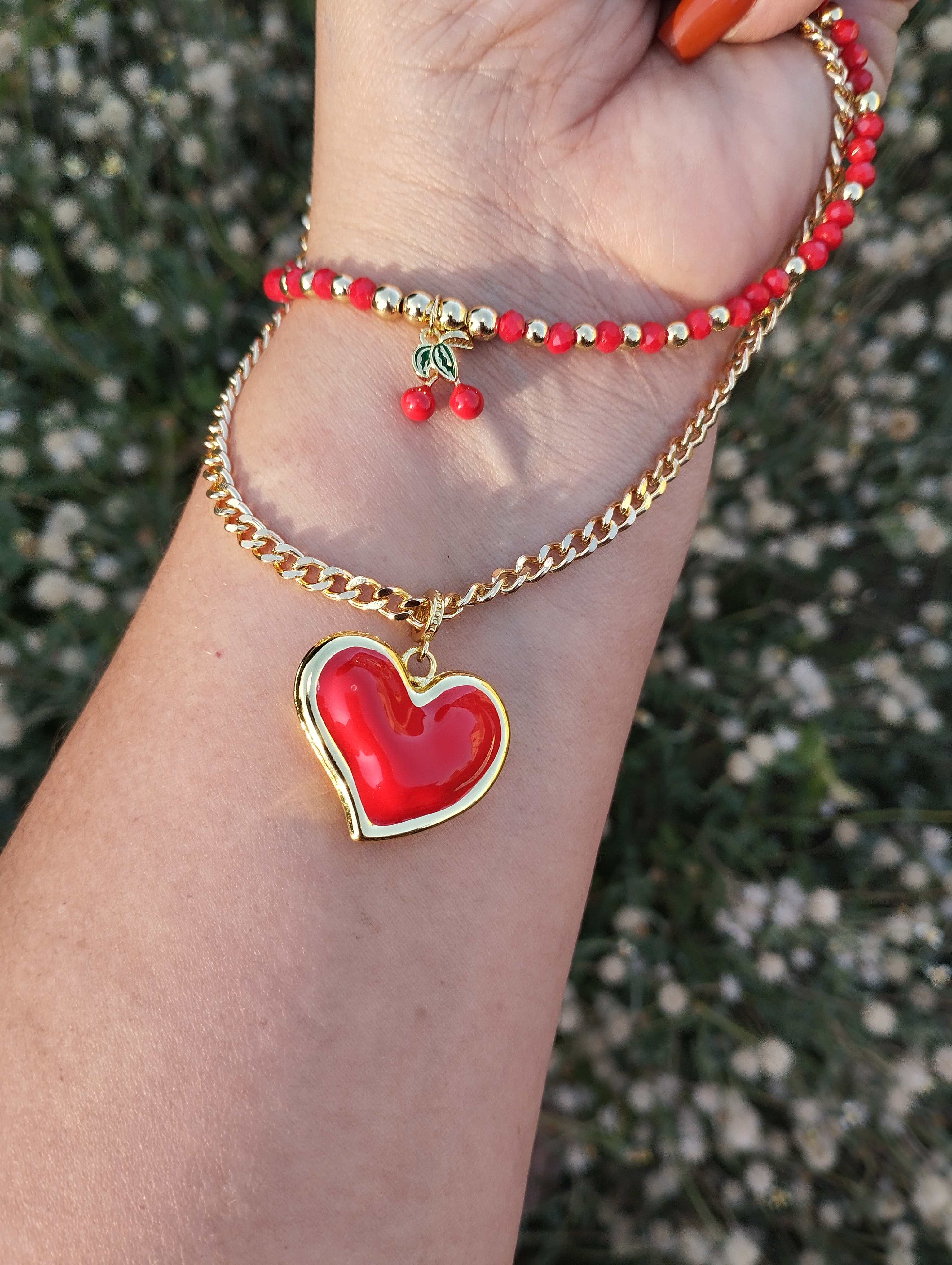 Cadena cubana Gruesa con Dije corazón y collar rojo en cristal rojo dije Cereza_0