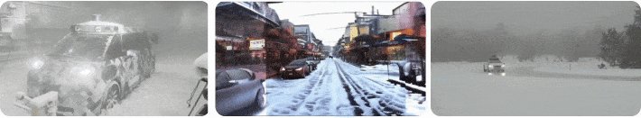 The Waymo Driver in a snow chamber, driving down a simulated snowy-Bourbon Street in New Orleans, the Waymo Driver safely navigating icy roads. 