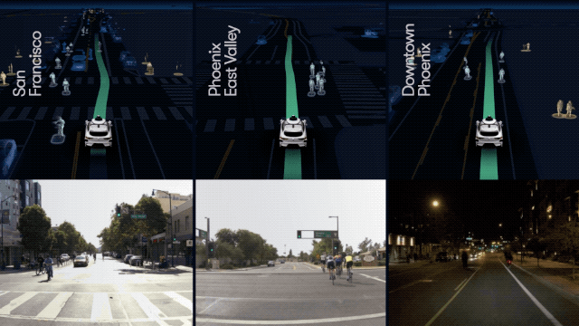 Waymo driving through San Francisco, the Phoenix East Valley, and Downtown Phoenix