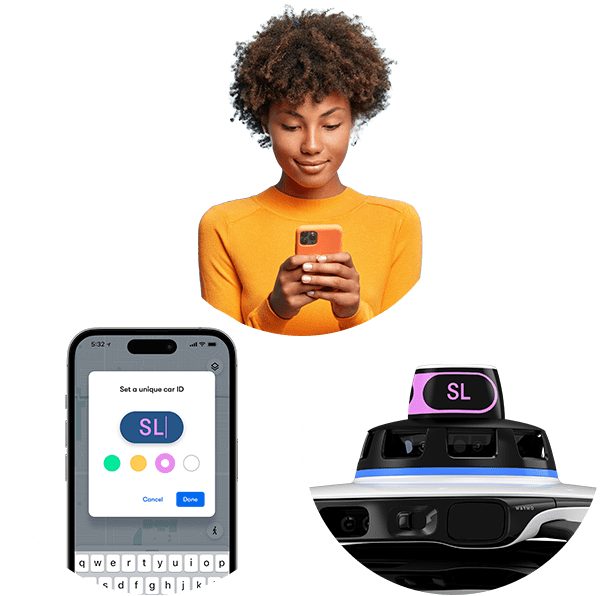 Image series showing woman on phone, the app screen where you can alter the letters on the vehicle, and the roof pod of the self-driving vehicle where the letters appear.