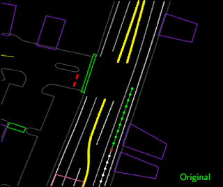 A gif of trajectory perturbation by pulling on the current agent location  away from the lane center and then fitting a new smooth trajectory that brings the agent back to the original target location along the lane center.