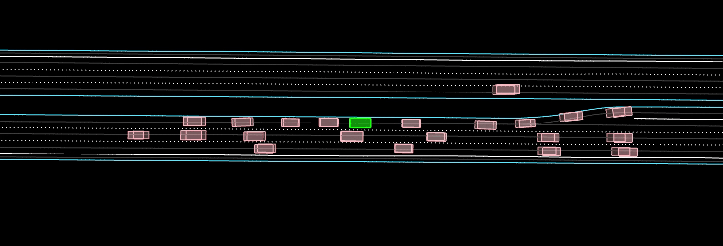 Demonstration of IDM sim agents stopping for a stopped vehicle (more realistic).
