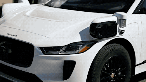Beauty shots of Waymo’s fifth-generation hardware suite on the electric Jaguar I-PACE at Castle, slowed down for your enjoyment
