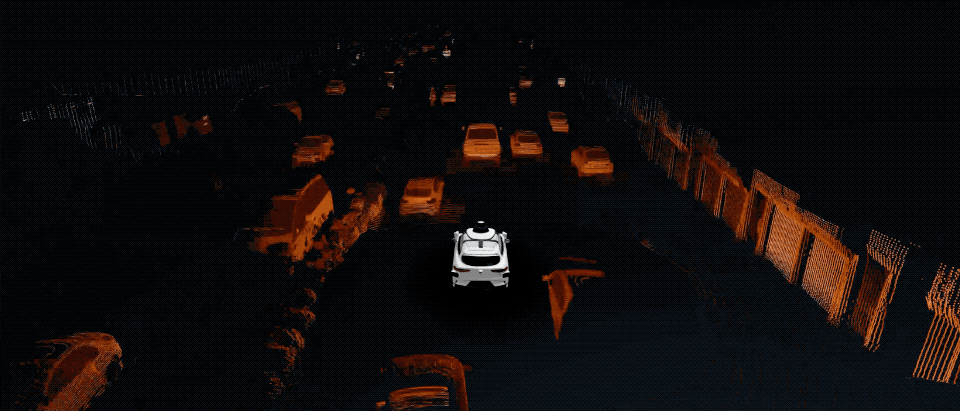 Simulated lidar point clouds as the Waymo Driver autonomously navigates its virtual world