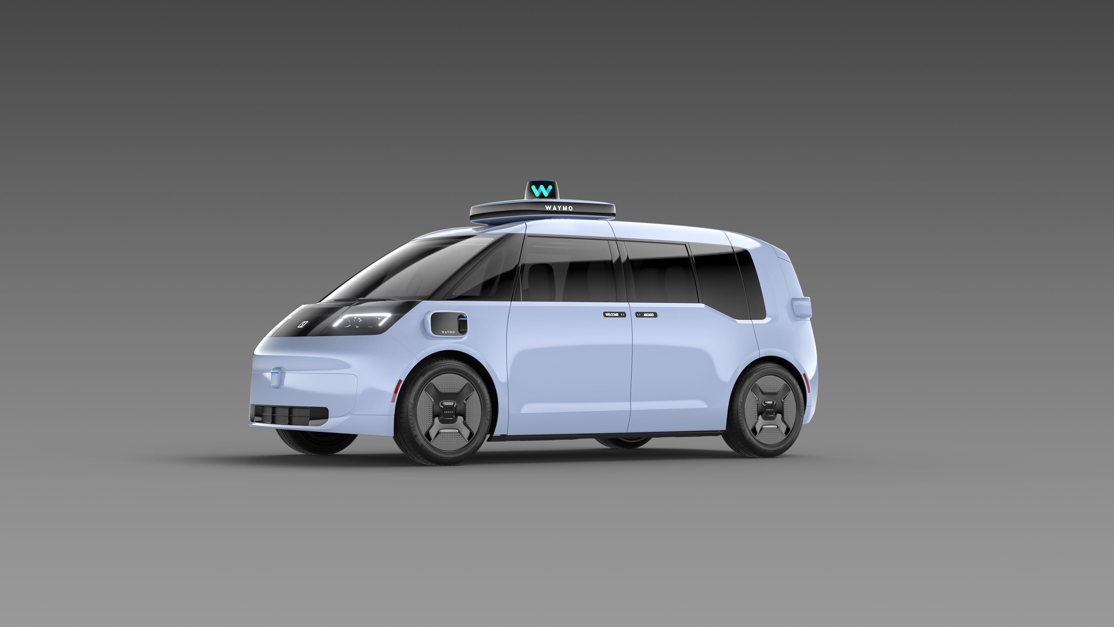 Exterior of Waymo's rider-first autonomous vehicle platform designed in partnership with Zeekr