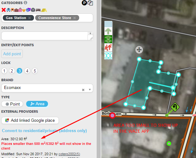 This example shows a Gas Station Area too small to show up in the Waze App Map