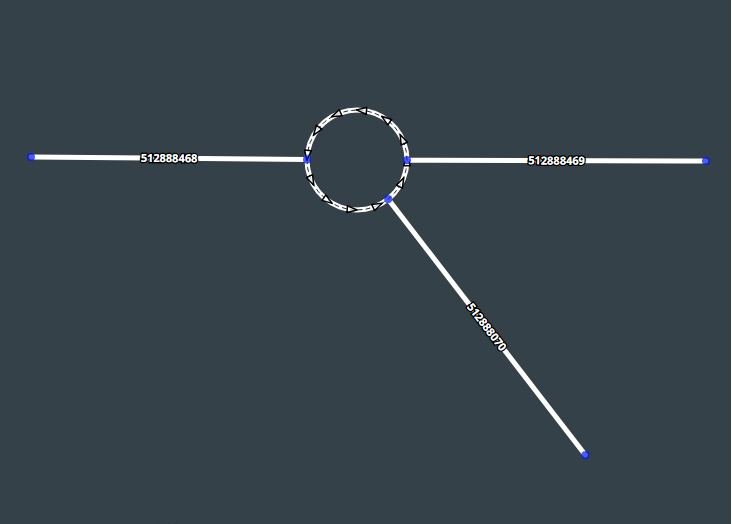 caption=Replacing a junction with a roundabout preserves the segment IDs, but the junction node ID is lost. There is a new node where each of the segments joins the new roundabout