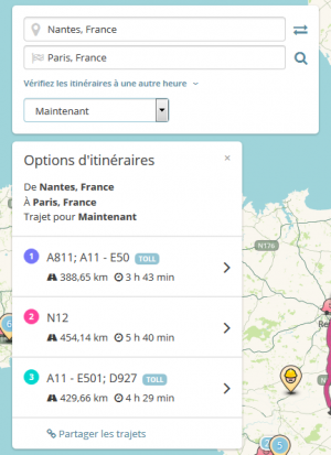 Options d'itinéraires et Partage de trajets