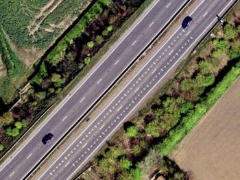 Aerial view showing road markings