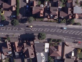 Aerial view showing road markings