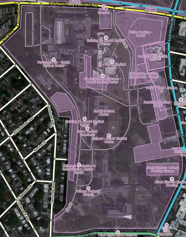 The place names have been added to this image to help visualize them. Large Medical Center with Points for buildings and ERs, and Parking Lot Areas.