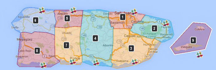 Map of Puerto Rico with Mapraid areas shown