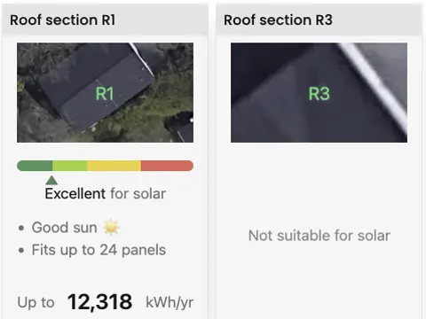 Roof section comparison showing best areas for solar panels
