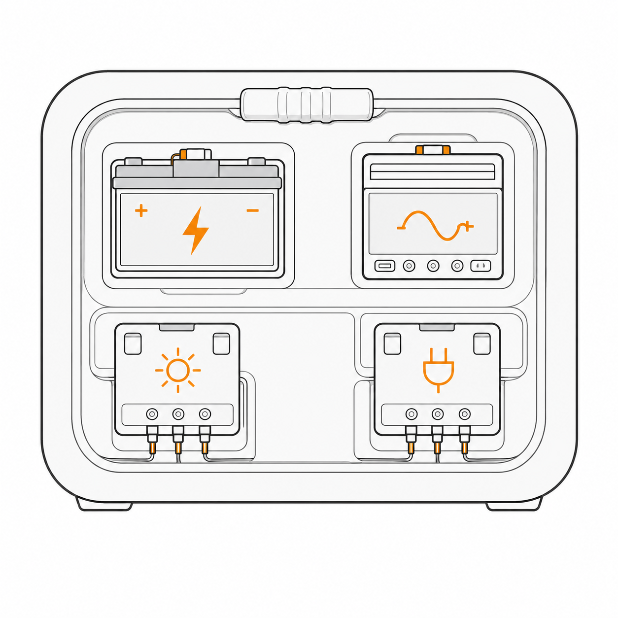 Cutaway diagram of a solar generator showing internal battery cells, inverter, charge controller, and AC charger