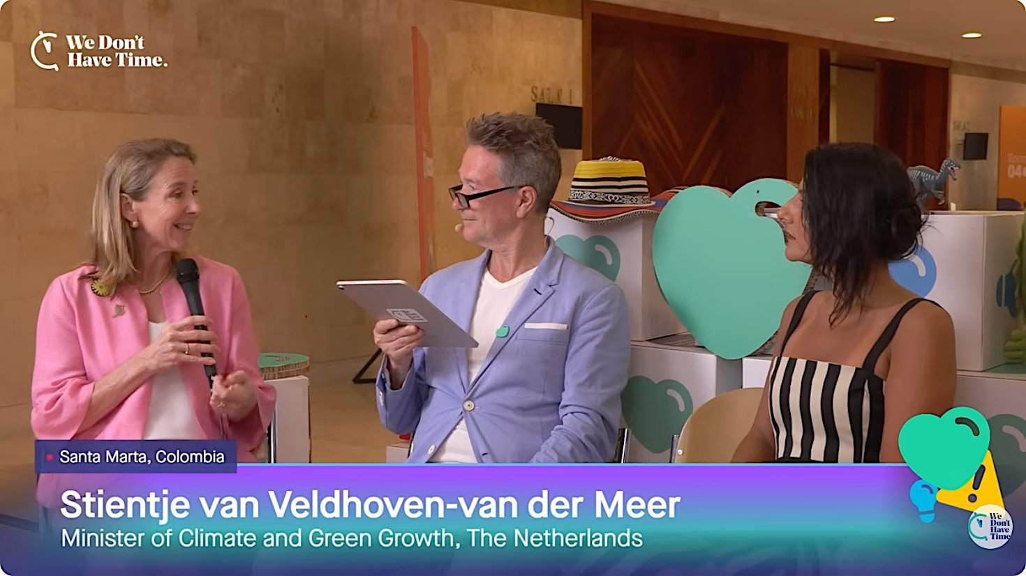 The Dutch climate Minister and her Colombian counterpart Irene Vélez Torres joined We Don't Have Time's live broadcast at the opening day of the Santa Marta Conference. In the middle, program host Nick Nuttall.