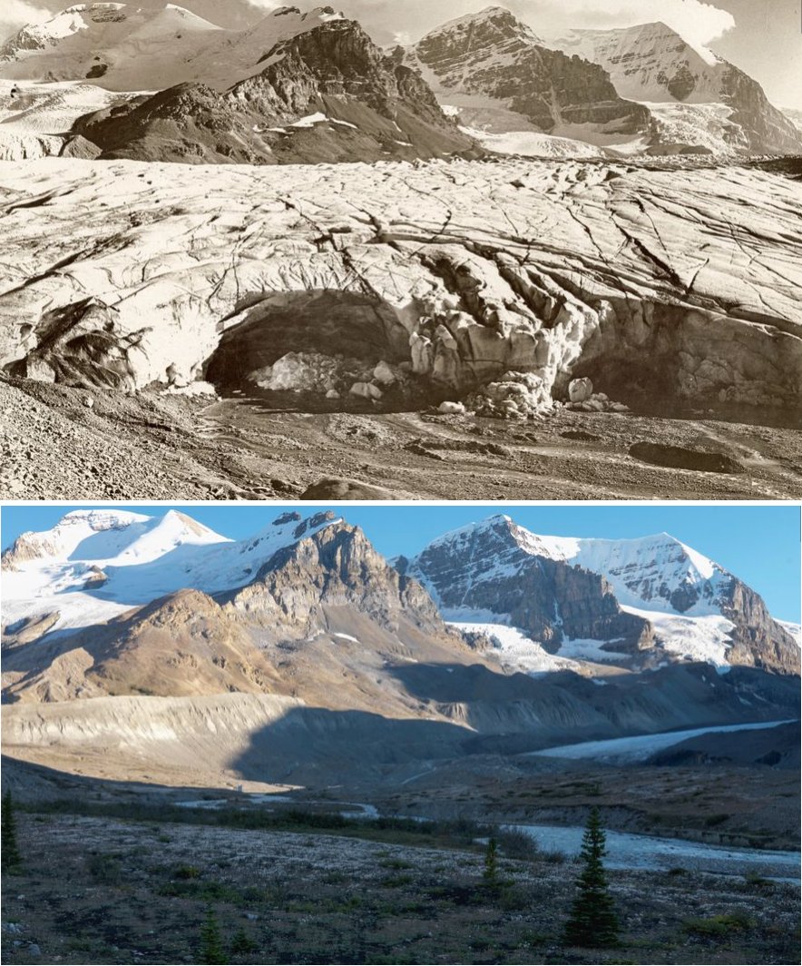 The state of the Athabasca Glacier in Canada in 1918 and today.