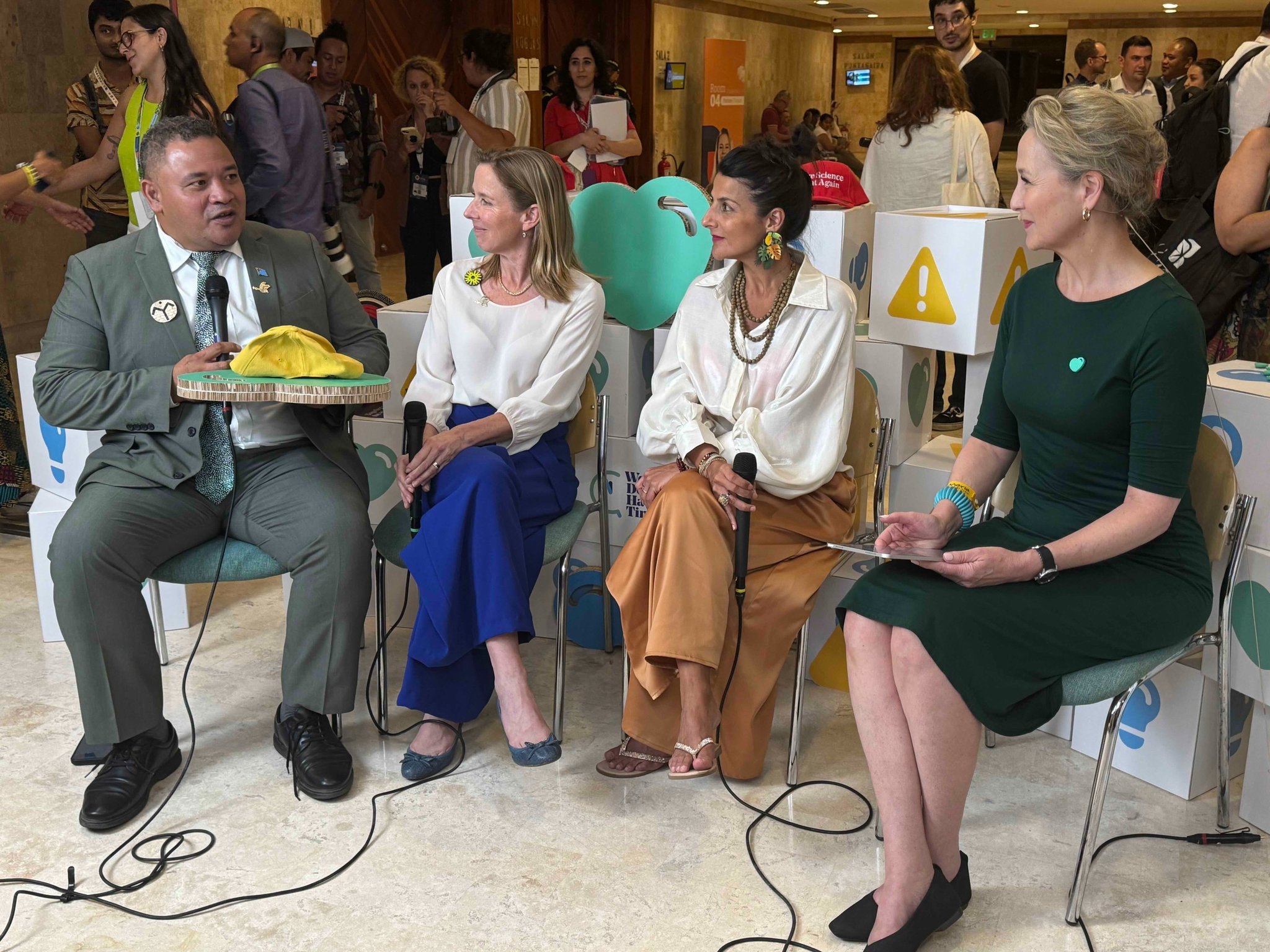 From We Don't Have Time’s broadcast in Santa Marta: Environment Ministers Maina Talia, Tuvalu; Stientje van Veldhoven, The Netherlands; Irene Vélez-Torres, Colombia; and program host Catarina Rolfsdotter-Jansson.