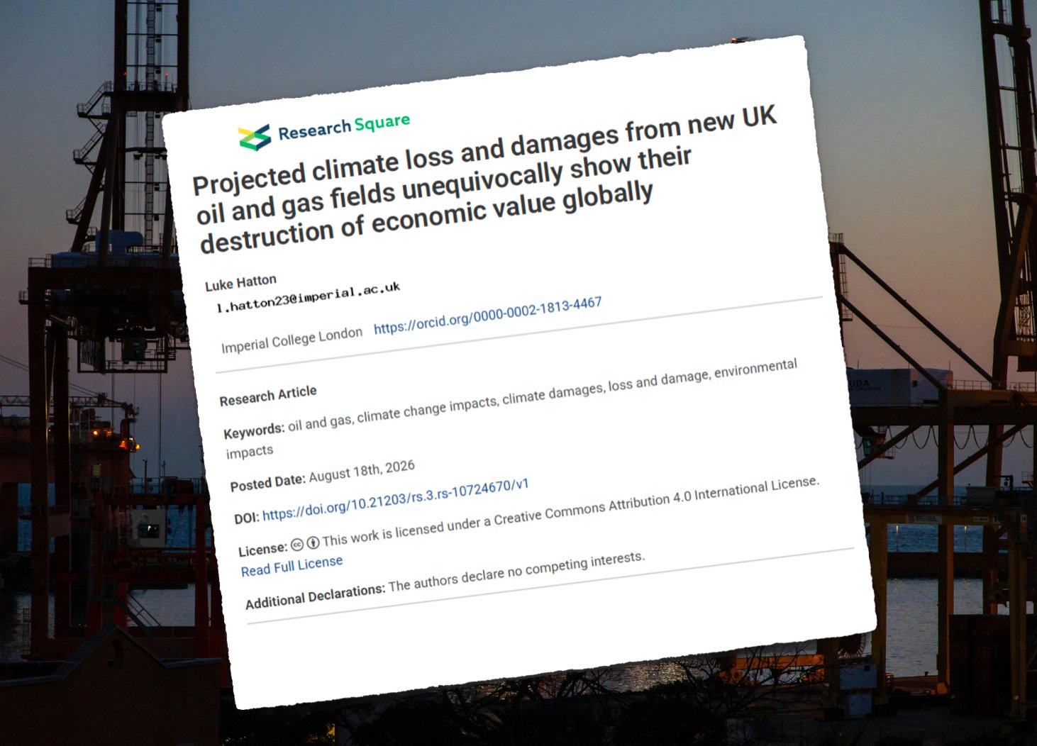 Luke Hatton, PhD Researcher at the Grantham Institute, conducted the analysis on the loss and damage from two new oil fields in the UK.