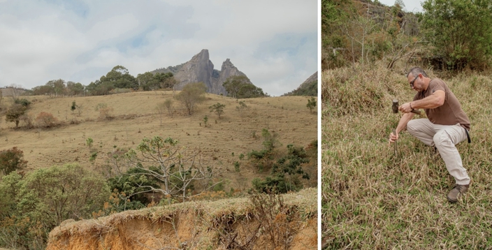 Eduardo Gusson, PhD, analysing the soil composition in TBN’s proof of concept project area at Sitio Macacu, a former cattle pasture a few hours from Rio de Janeiro city.  Photo: Loma Medeiros