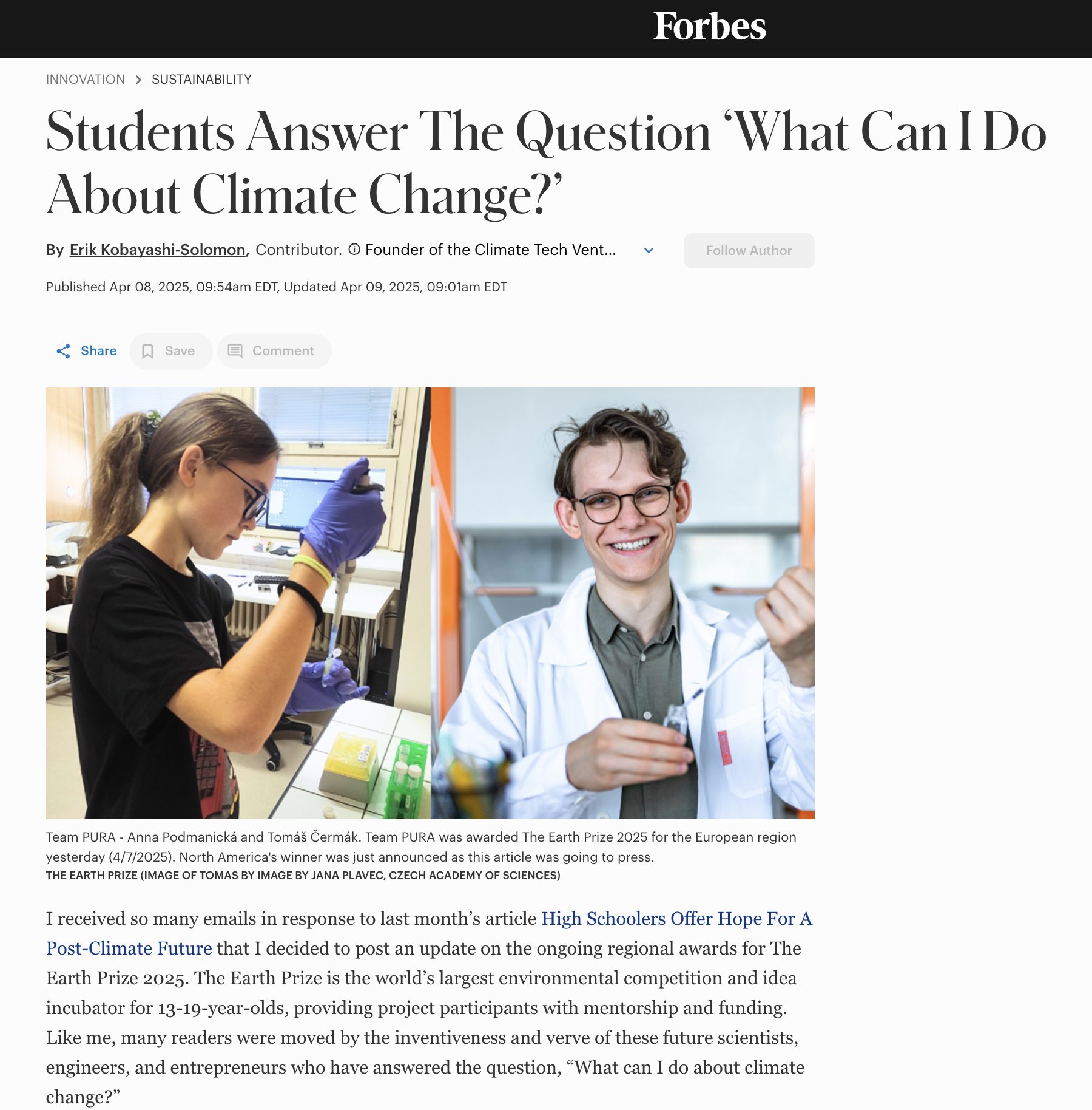 Team PURA, the Global Winners for 2025, were covered extensively in the media for their pioneering water filter solution, including in Forbes