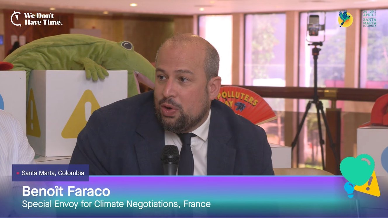 Benoît Faraco, France's Special Envoy for Climate Negotiations, announced the country's roadmap to transition away from fossil fuels during the Santa Marta Conference on Transitioning Away from Fossil Fuels.