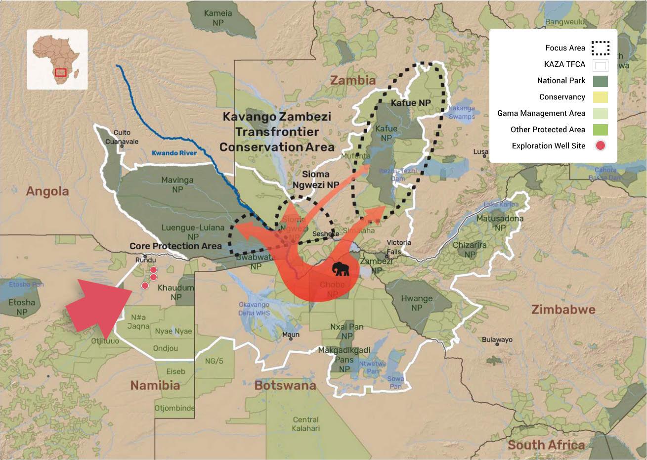 The red arrows mark ReconAfrica's drill sites in the KAZA TFZA area (white frame).