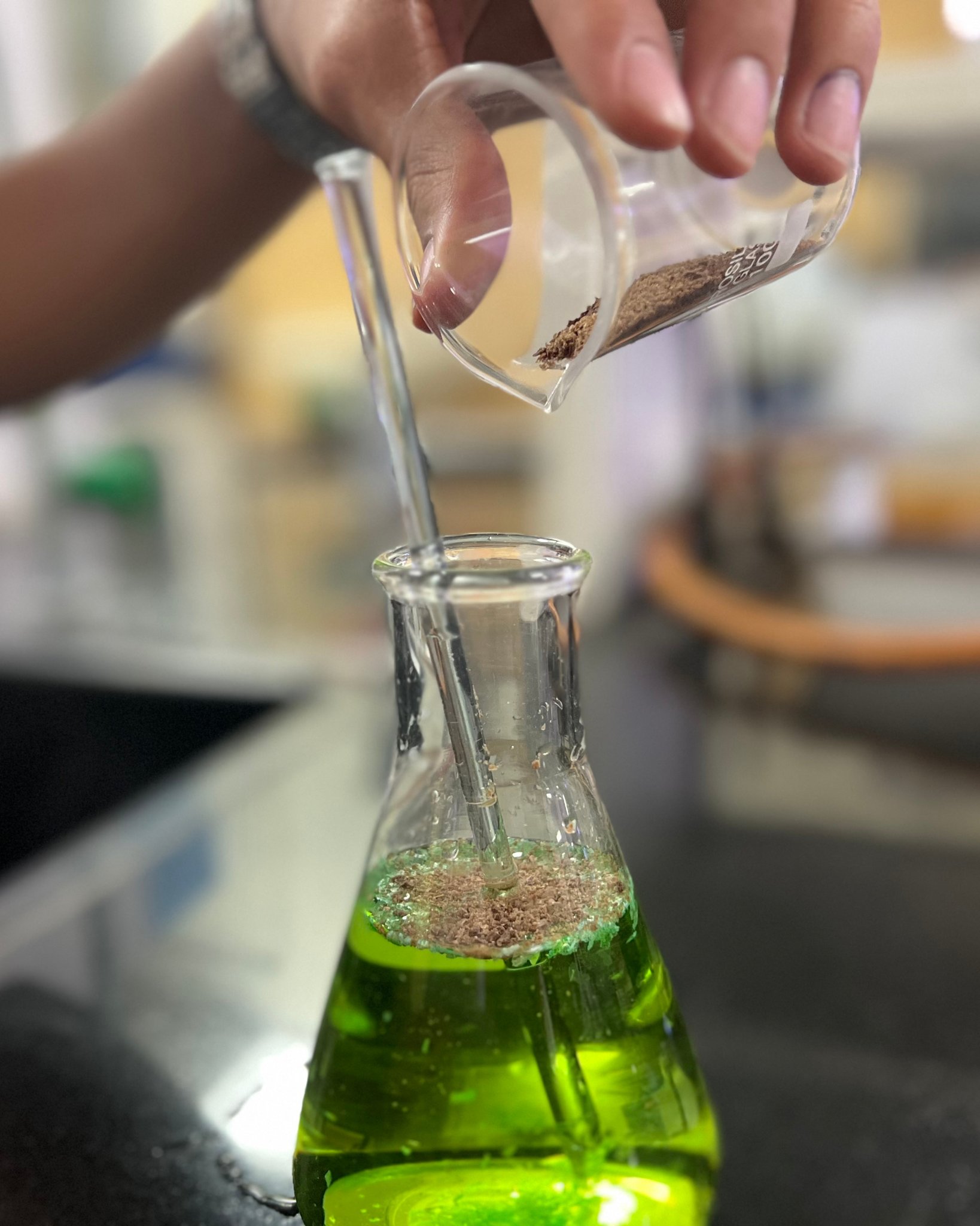 Demonstration - Adding the tamarind-based powder to water (dyed green for visibility)