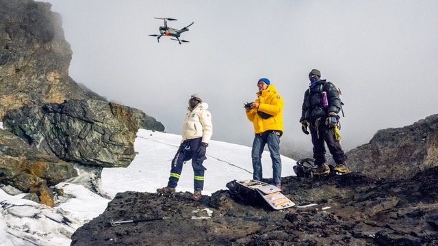 Researchers use a drone to survey Mt. Stanley's glacier.