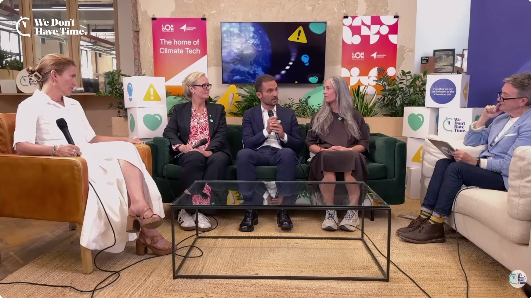 From left: Julia Souder, CEO, LDES Council; Anna Hall, Head of Public Affairs, Energy Division, Alfa Laval; Mario Giordana, Global Head of Public & Government Affairs, Signify; Andréa Haag, VP Sustainability, Munters; Nick Nuttall, program host.