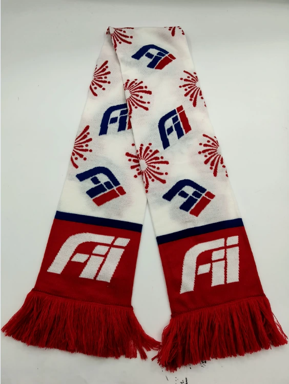 Custom promotional scarves knitted jacquard logo brand colours — WeaveEssence factory