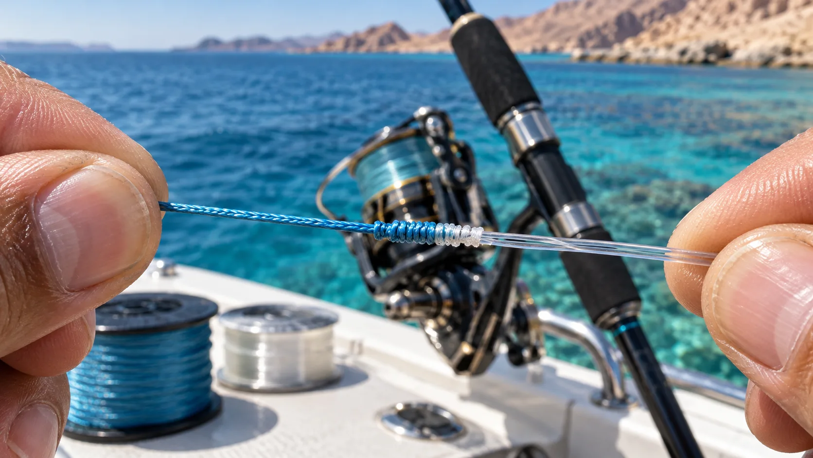 Braided fishing line connected to a fluorocarbon