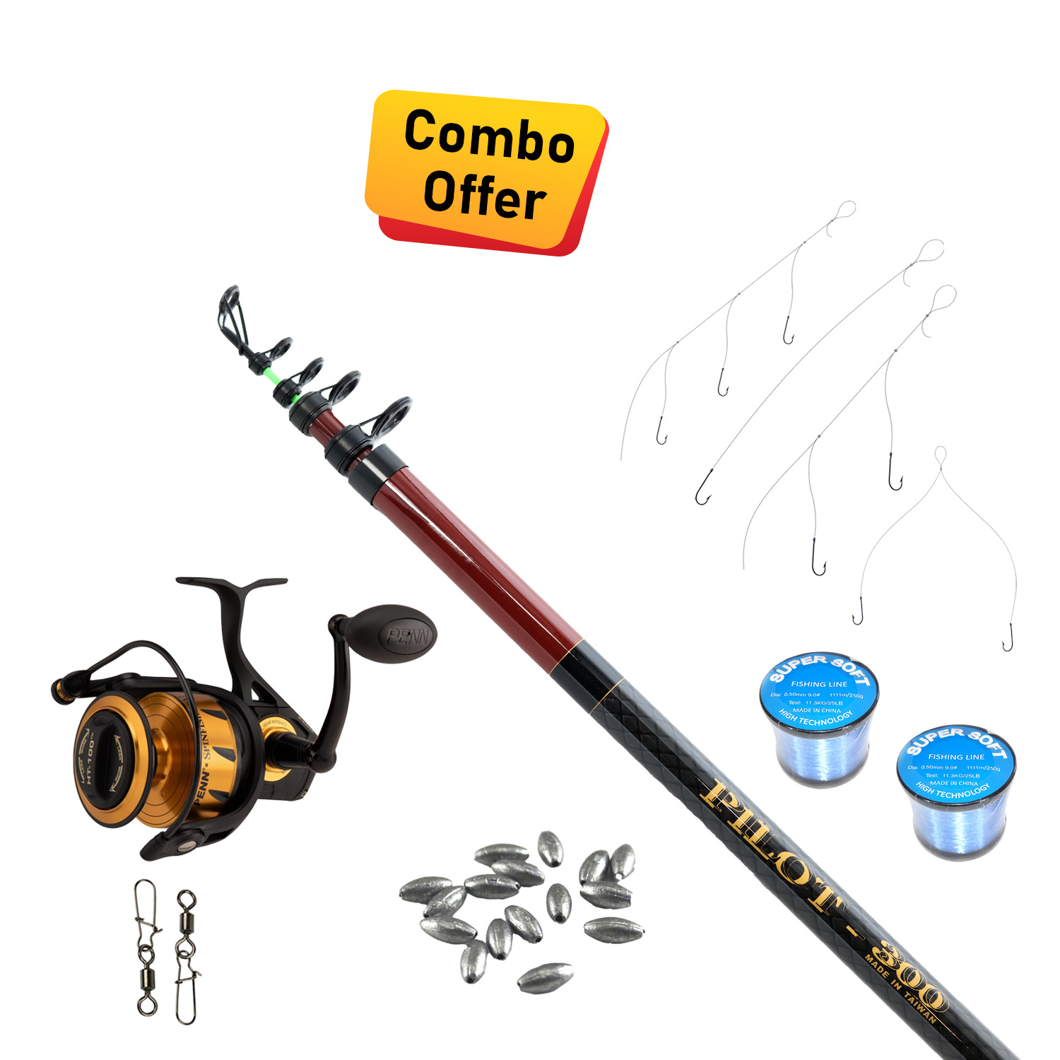 كومبو صيد على الشاطئ - بايلوت & بن - قصبة 3.9 متر وبكرة سبينفيشر VI 7500 مع معدات صيد