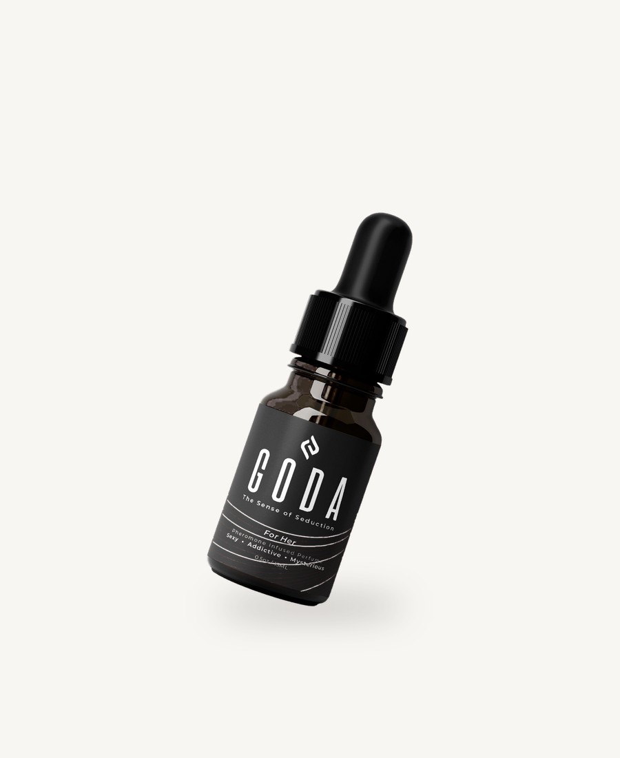 A tilted black glass GODA For Her dropper bottle on a plain light background
