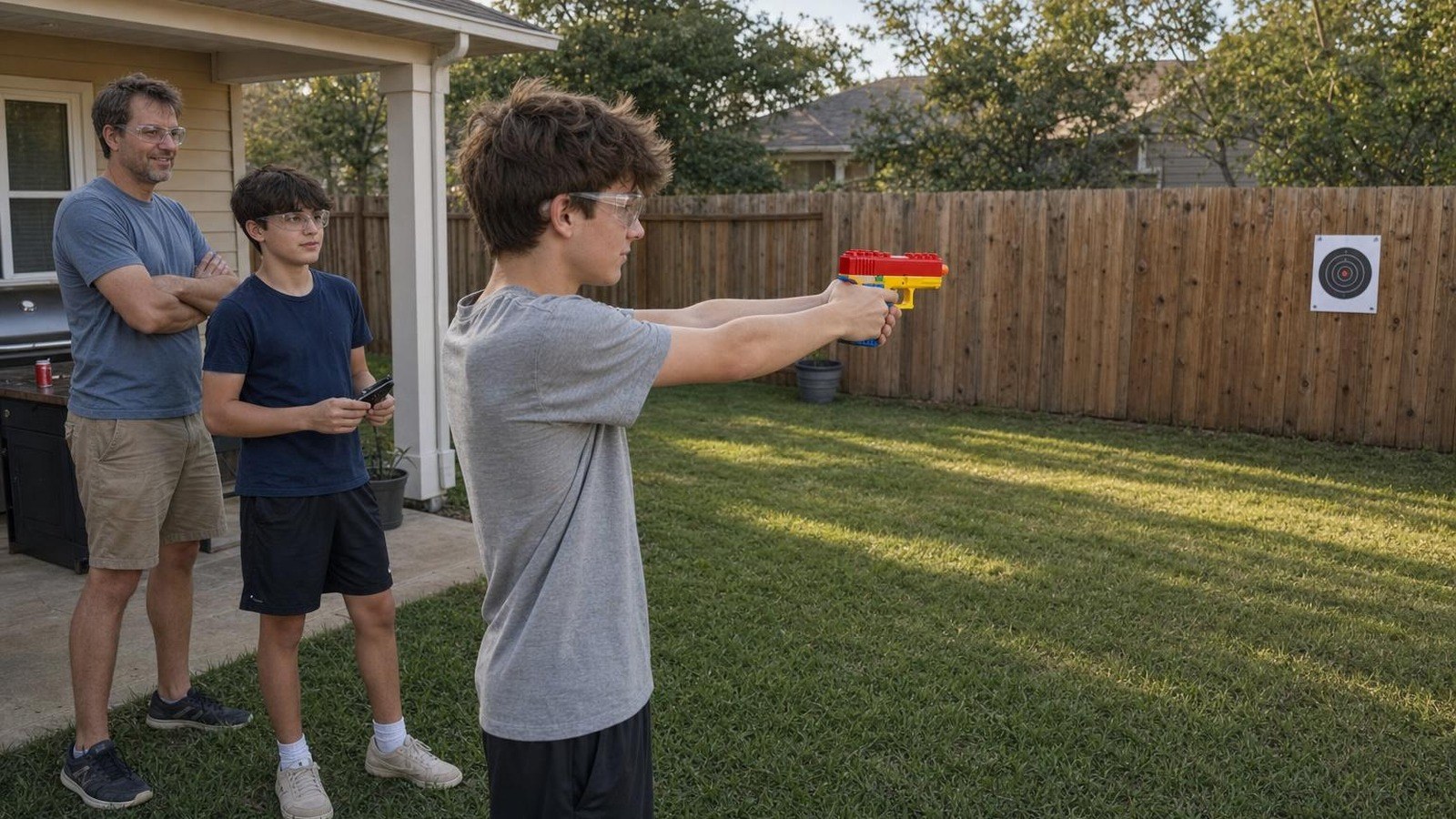 A teenager in safety glasses aims the BlockBlaster at a paper target on a backyard fence while his friend and dad wait behind him