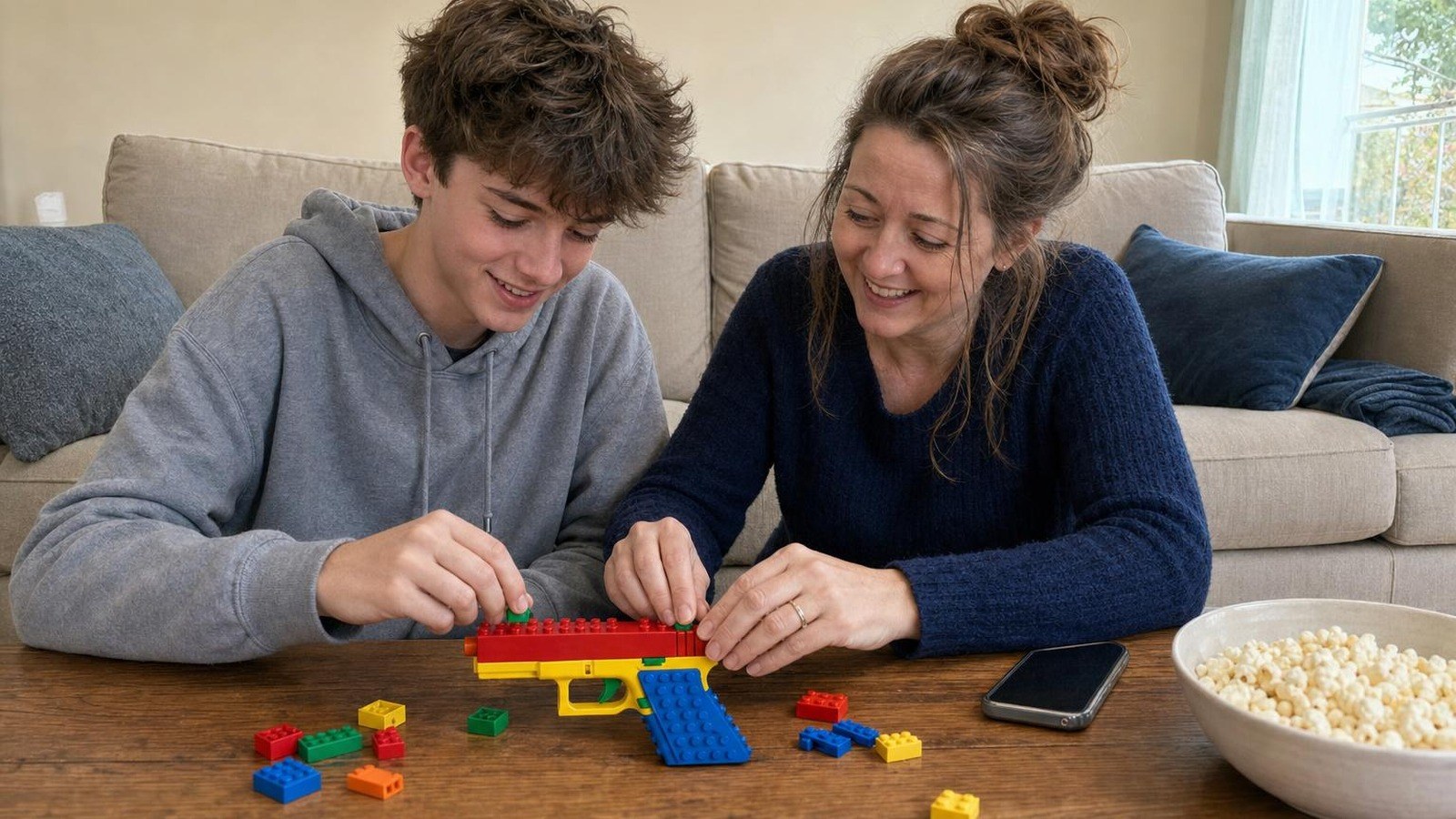 A mother and her teenage son sit side by side on the living room floor adding bricks to the BlockBlaster