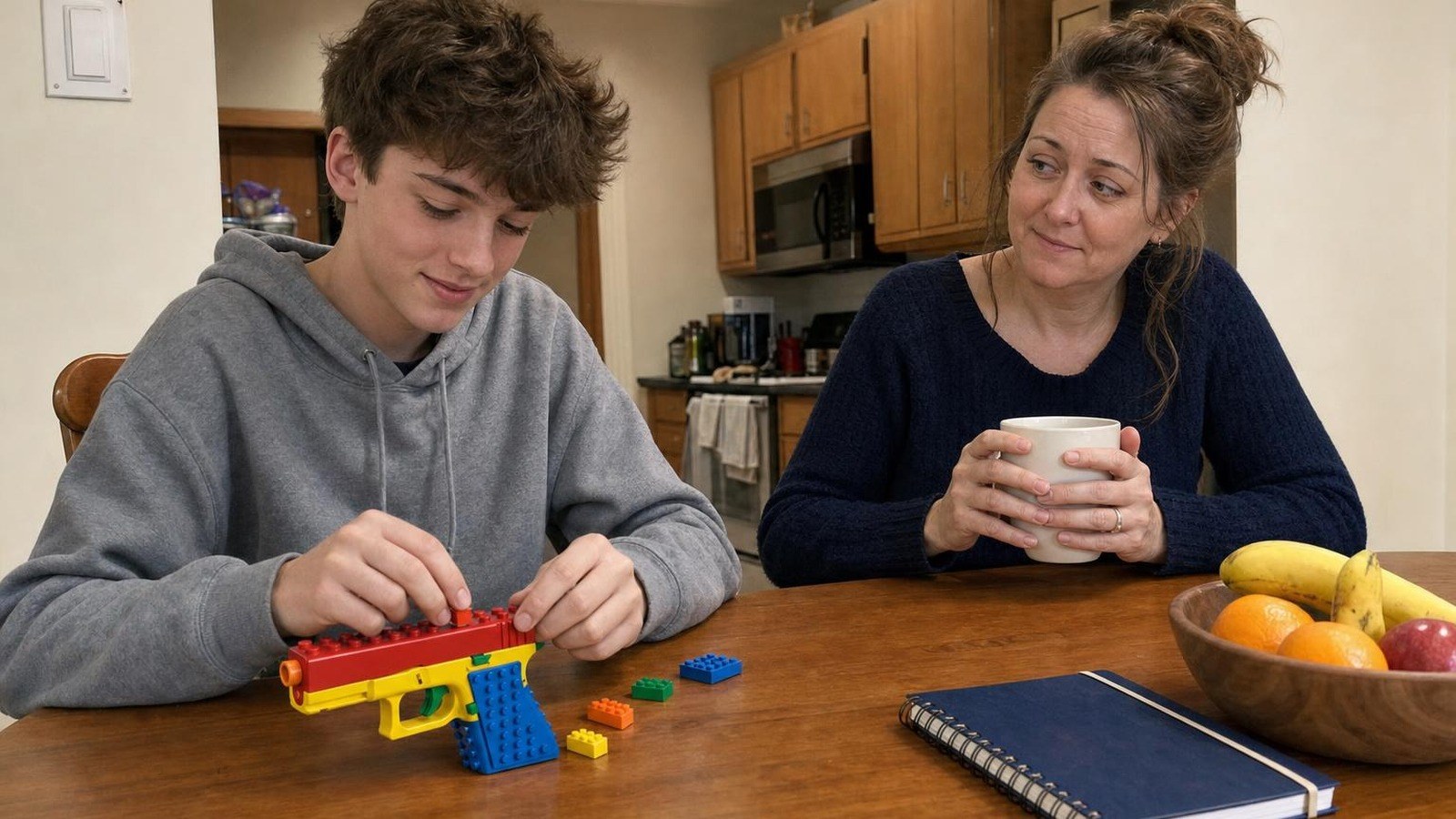 A mother with a mug of coffee watches her teenage son press a building brick onto a brick-built toy blaster at the kitchen table