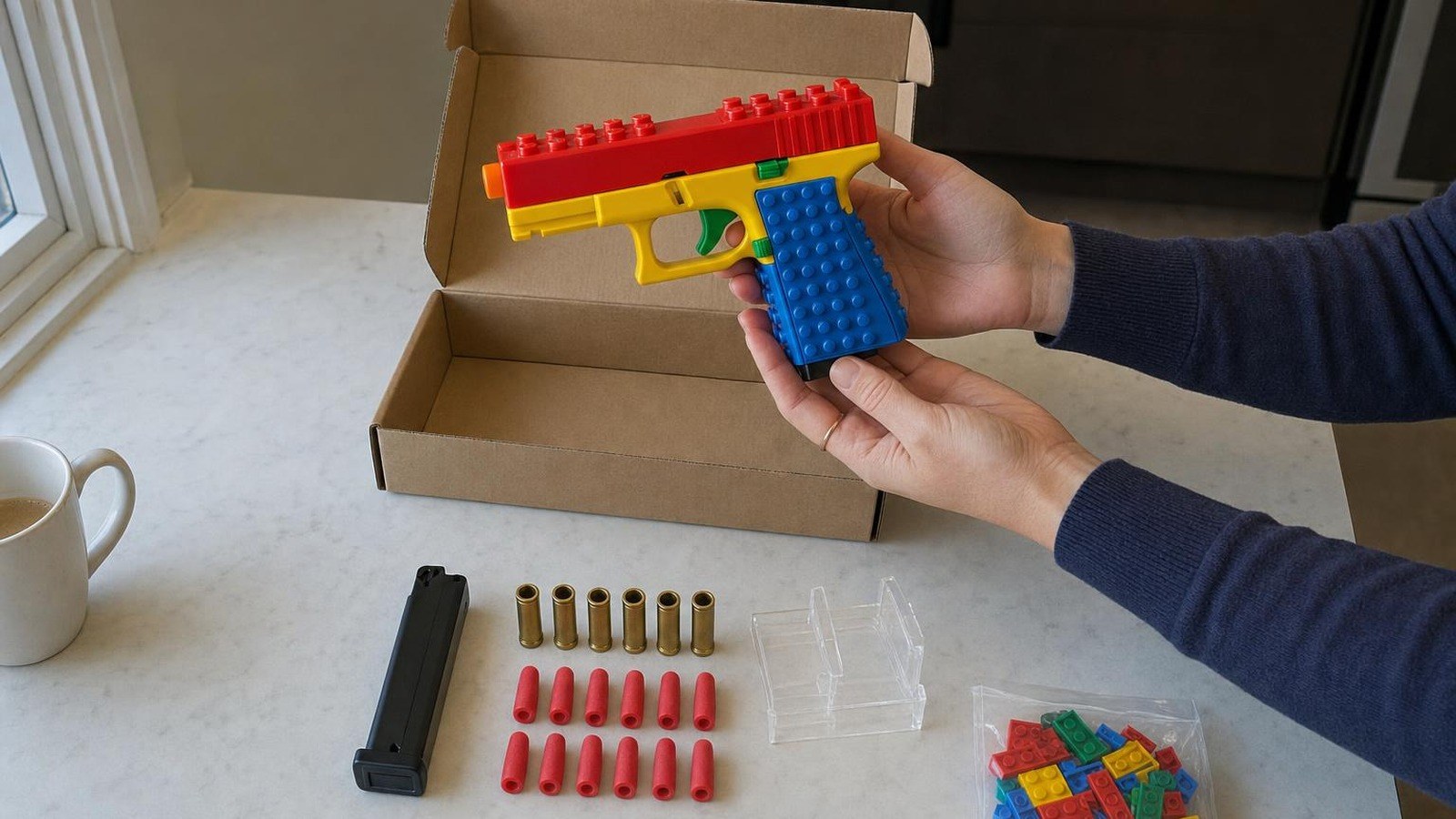 Hands lifting the fully built BlockBlaster out of its box, with the magazine, empty casings, soft rubber tips, stand and spare bricks on the counter