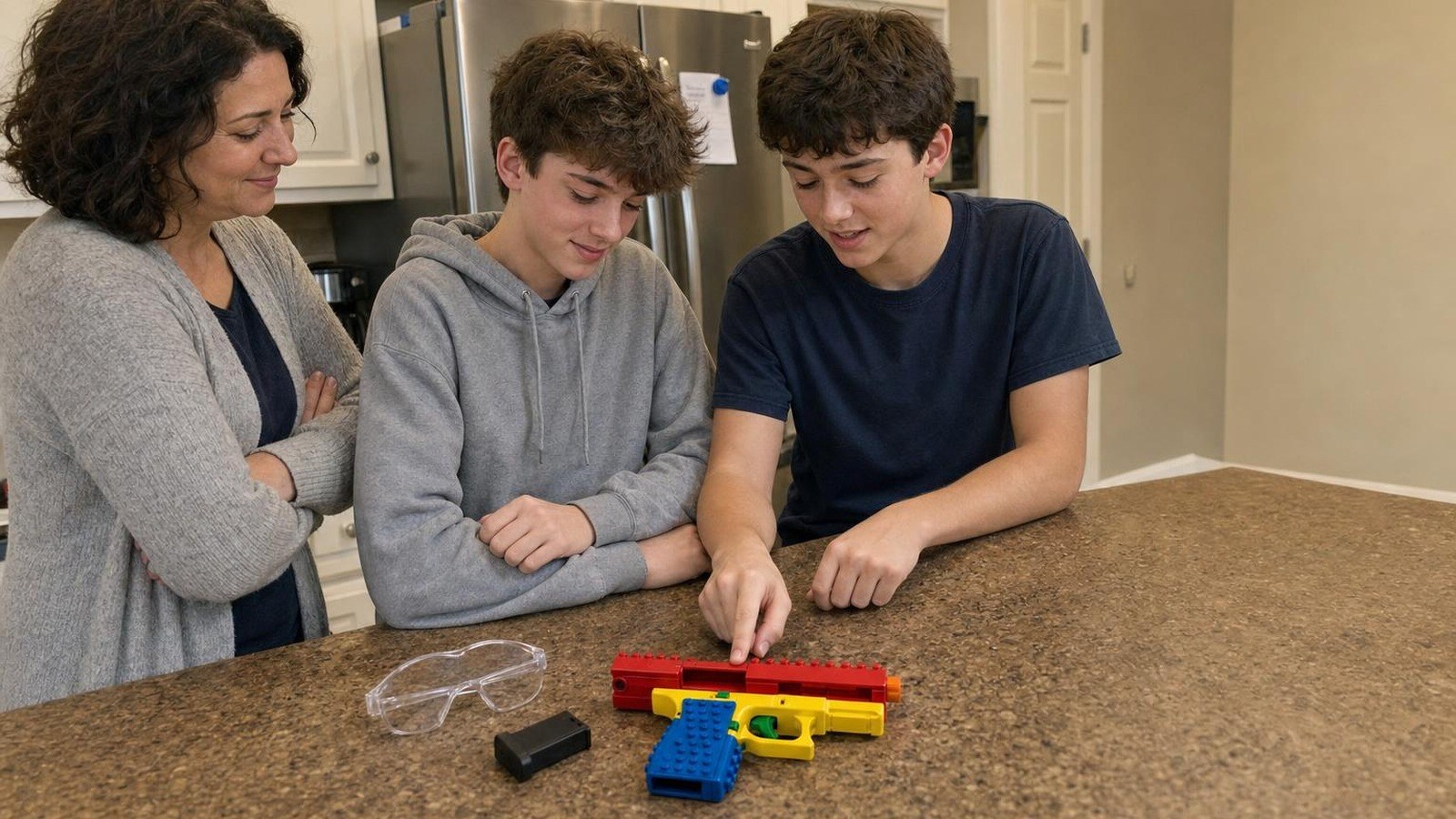 Two teenage boys check the empty, locked-open slide of a brick-built toy blaster lying flat on a kitchen island while a mother looks on