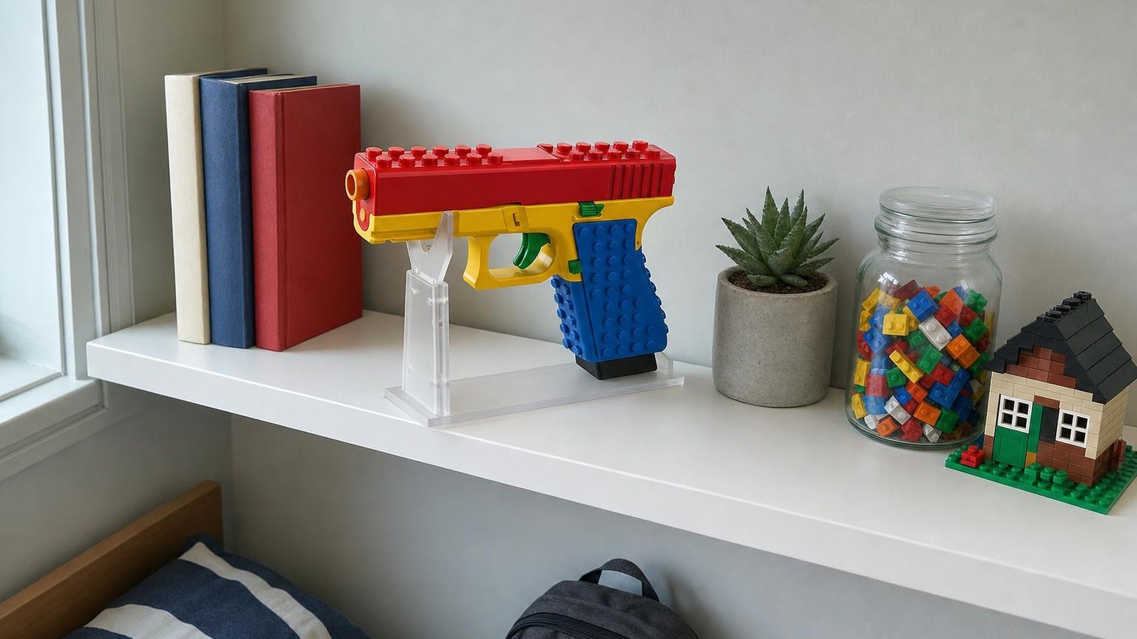 The BlockBlaster resting on its clear display stand on a bedroom shelf, beside books, a succulent and a jar of building bricks